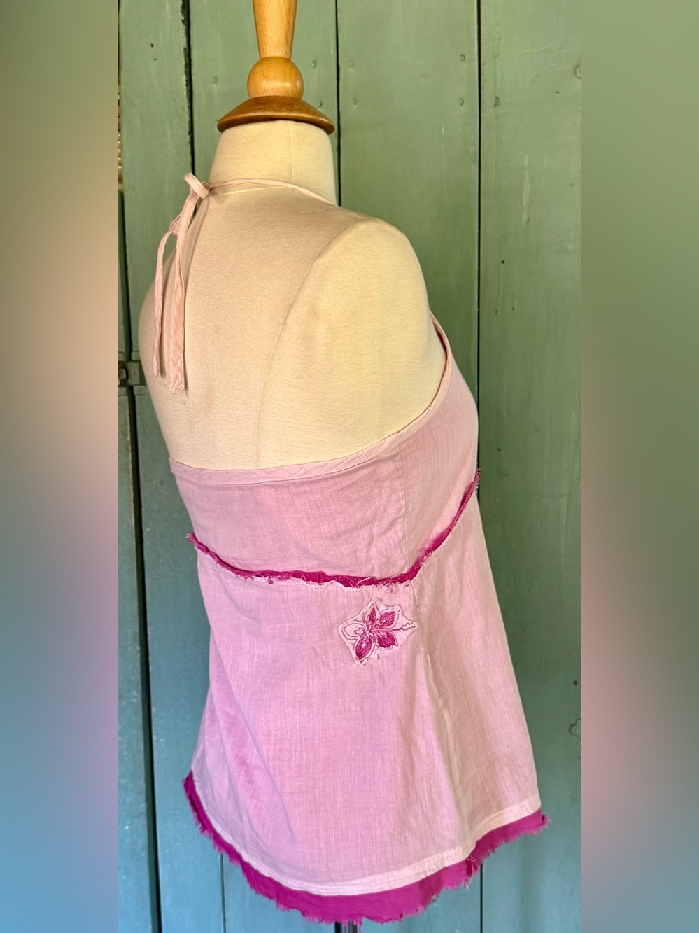 SOLD!! O'Neill Tank Top L Pink Embroidery Patches Floral Boho Halter Beachy L - Picture 5 of 12